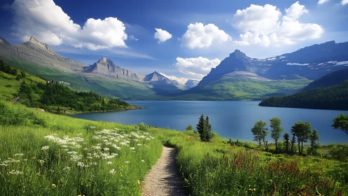 Mountain lake trail winds through lush summer valley under clouds.
