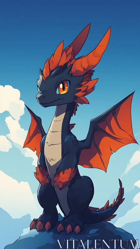 Small bipedal dragon stands on rock under clear sky