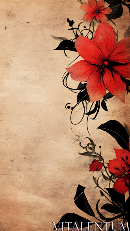 Crimson vine whispers along vintage paper&rsquo;s quiet edge.