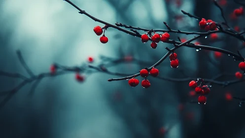 Red berries on bare branches in dreamy, moody forest scene.