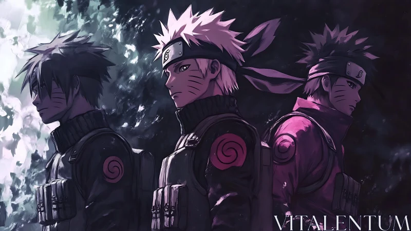 Three stylized ninja warriors stand in profile under split light