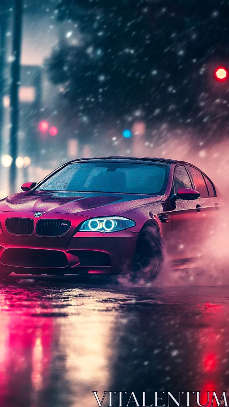 Red BMW sedan drifts on wet city street at night in rain.