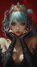 Enchanting teal haired queen in gothic crimson glow.