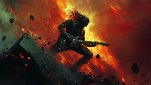 Guitarist shreds atop erupting volcano in blazing inferno.