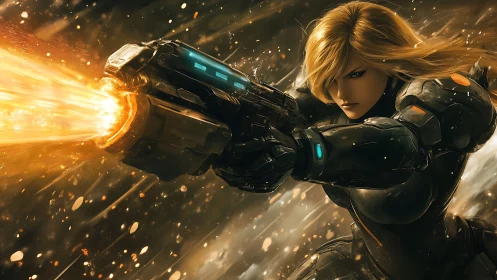 Armored cyber soldier unleashes blazing plasma barrage