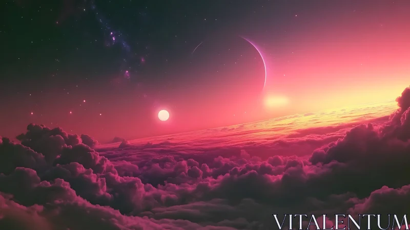 Chromatic exoplanet sunrise above stratified nebular clouds.