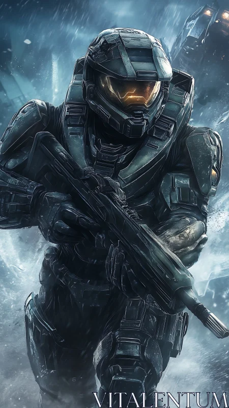 Armored sci fi soldier advancing through icy battlefield.