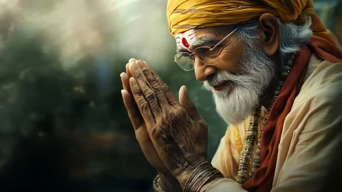 Elderly sage in prayerful profile rendered in photoreal detail
