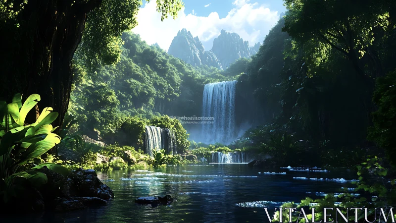 Lush digital rainforest valley with tiered waterfalls cascade.