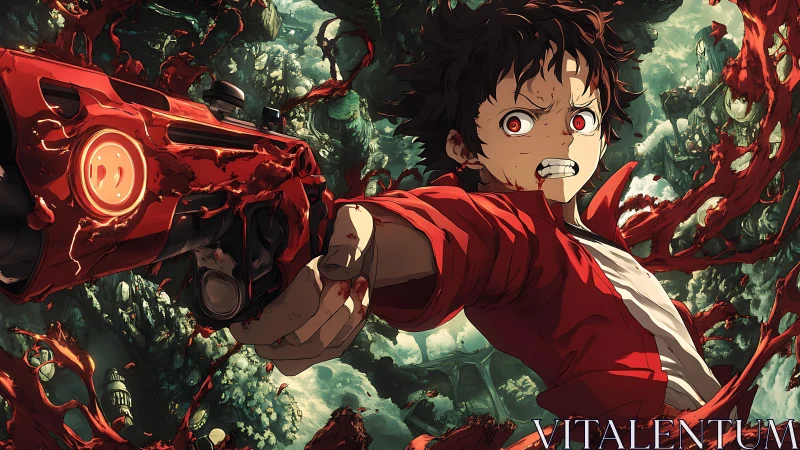 Young fighter aims blood-red gun amid organic chaos