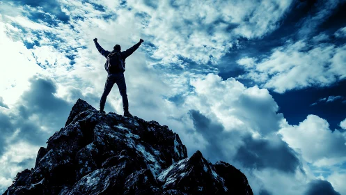 Silhouetted climber celebrates summit beneath dramatic clouds.