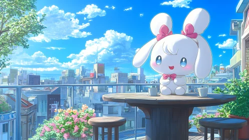 Cartoon rabbit character sits on rooftop terrace in cityscape