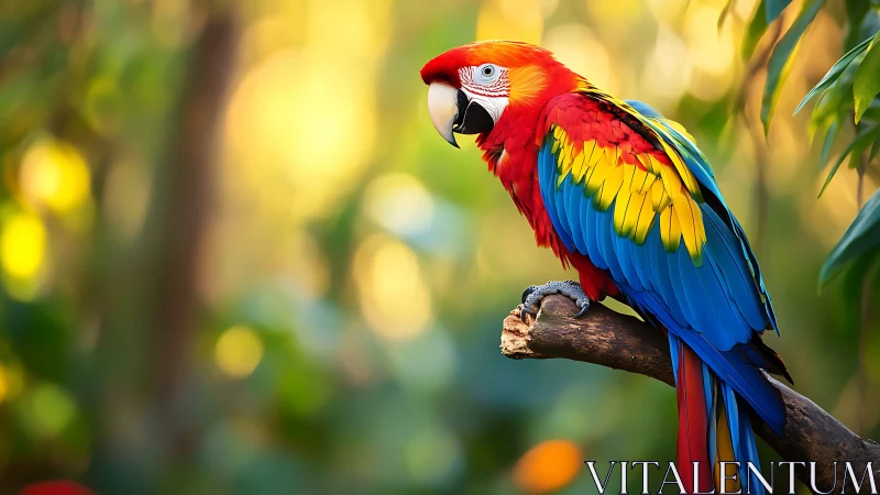 Vibrant scarlet macaw perched on branch in natural sunlight.