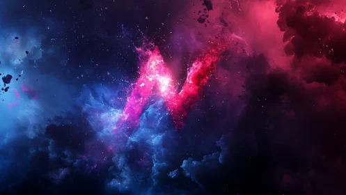Nebula letter N formed by contrasting blue and magenta clouds.
