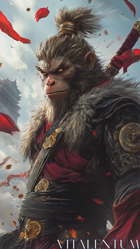 Armored simian warrior stands in profile amid drifting petals