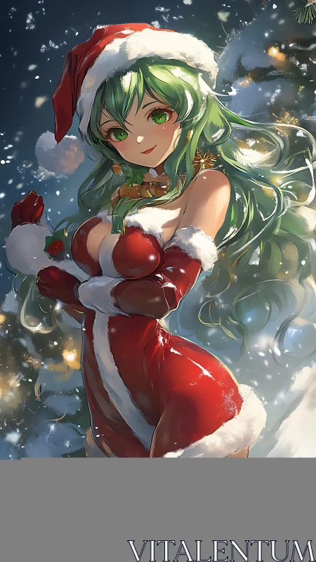 Festive green haired girl in Santa outfit glows in snow