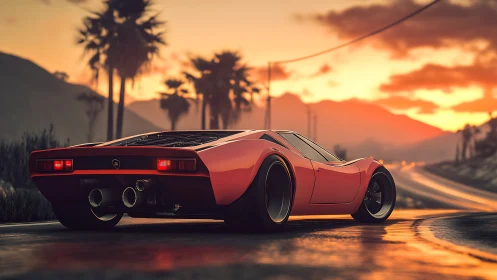 Retro supercar speeds along coastal highway at sunset.