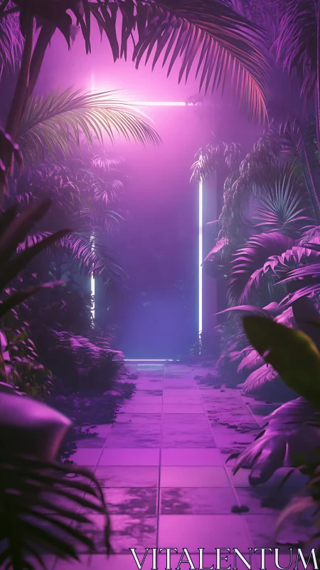 Neon portal illuminates tropical jungle corridor at night