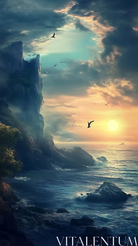 Digital painting seascape with towering cliffs and sunset glow.