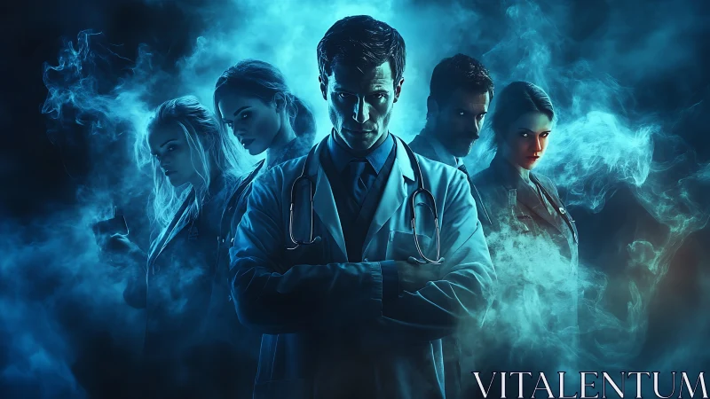 Medical team stands in blue smoke under dramatic lighting