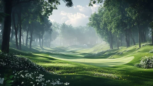 Morning mist over forest golf fairway with wildflower rough
