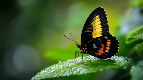 Macro telephoto study of tricolored butterfly on wet leaf
