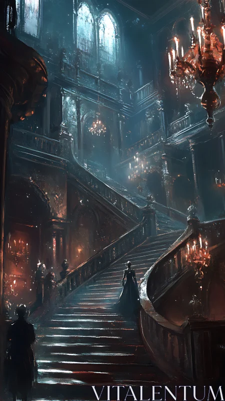 Moonlit ball at a grand, ghost-whispered staircase hall.