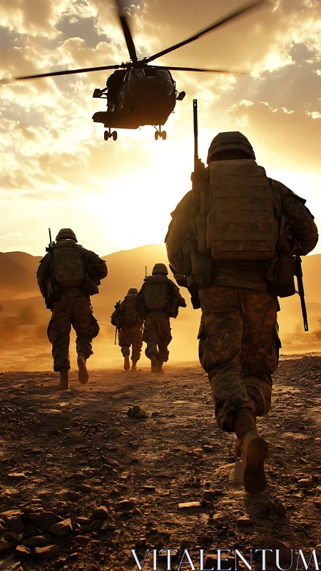 Soldiers move toward helicopter at dusty sunset landing.