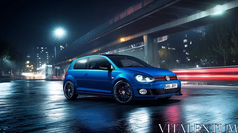 Blue hatchback rendered in hyperreal night-time urban lighting