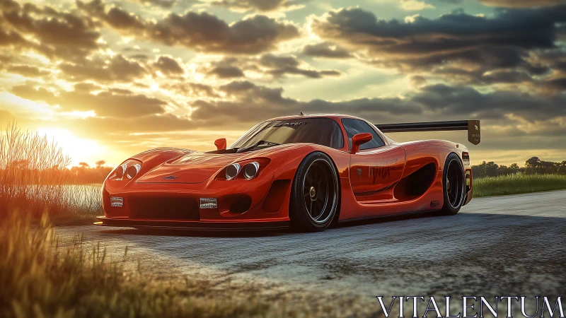Sunlit red supercar poised on rural asphalt at dusk.