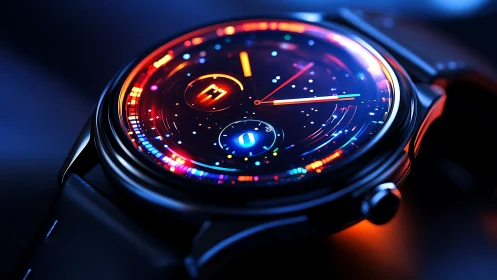 Neon-luminous chronograph dial with orbital interface geometry.