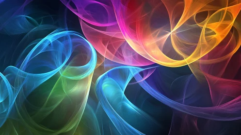 Layered abstract neon light ribbons on dark background.