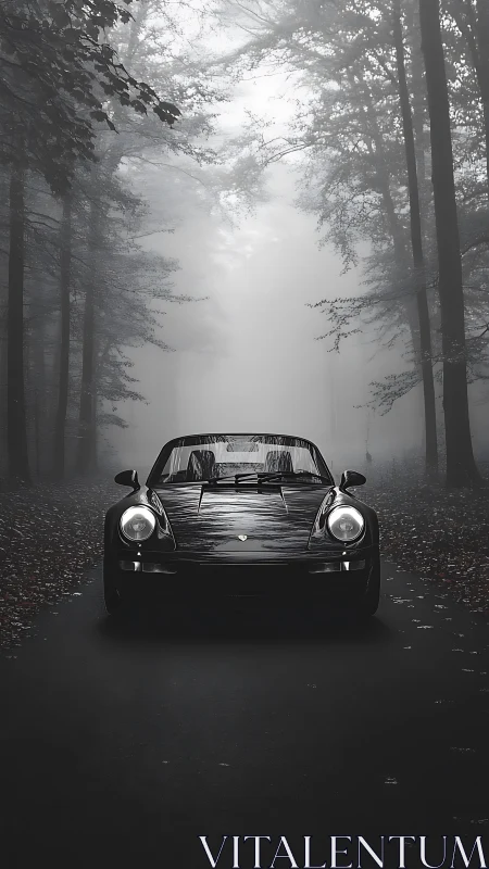 Classic black sports car gleams on a foggy forest road.