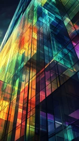 Prismatic glass skyscraper reflects vivid urban light spectrum