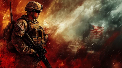 Storm-lit soldier stands guard as a wounded flag endures