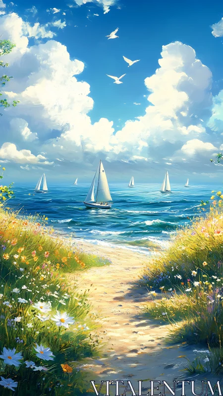 Sailboats glide beyond a sunlit dune path to sea.