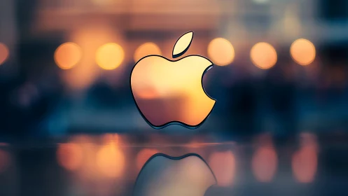 Apple Logo Against Bokeh Background with Luminous Gradient.