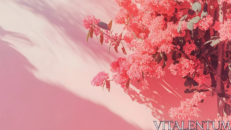 Soft coral blossoms cascading over pastel pink wall.