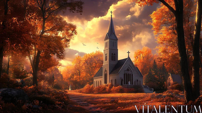 Gothic country church glows amid high-contrast autumn foliage