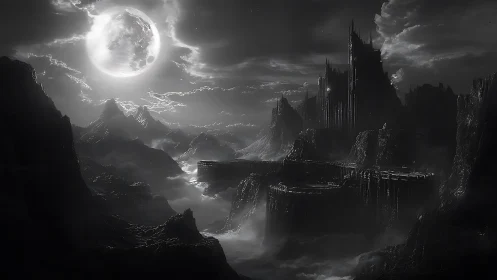 Monochrome lunar-lit fortress within rugged mountain basin.