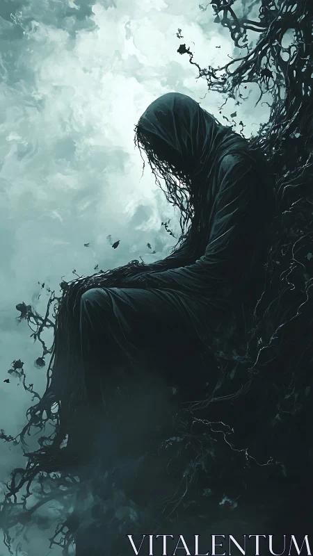 Hooded spectral figure entangled in organic tendrils against mist