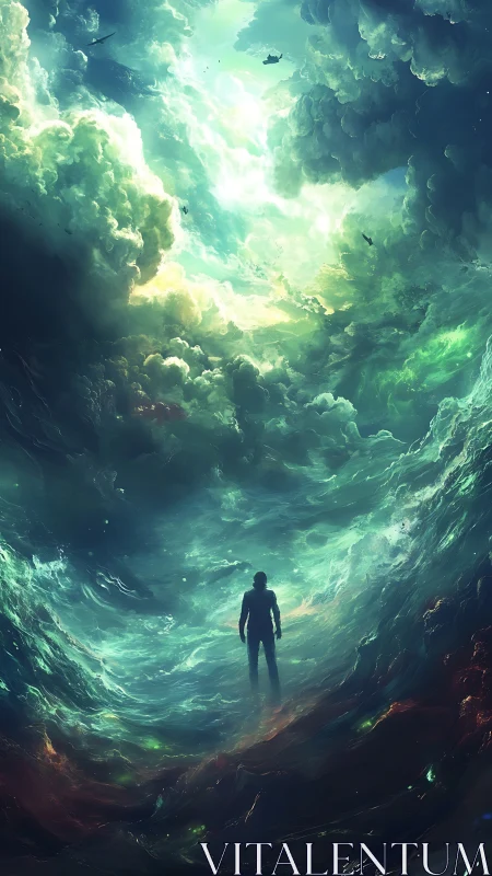 Solitary figure confronting a cosmic storm in luminous vortex