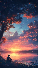 Twilit embers drift as a lone dreamer studies the quiet lake