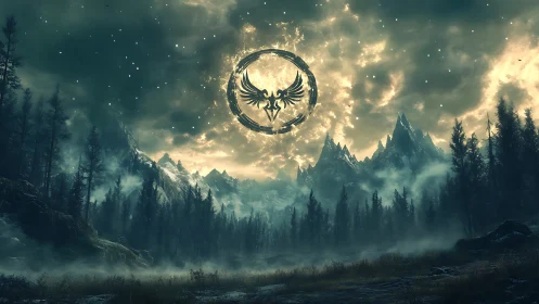 Mythic phoenix sigil over stormlit alpine wilderness.