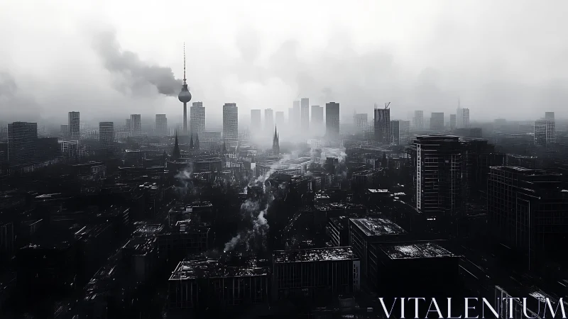 Misty monochrome cityscape wrapped in quiet urban haze.