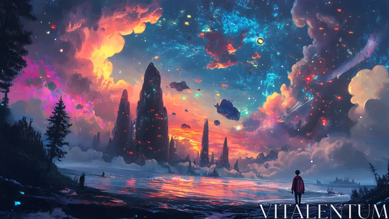 Distant rocky spires under luminous multicolored cosmic sky.