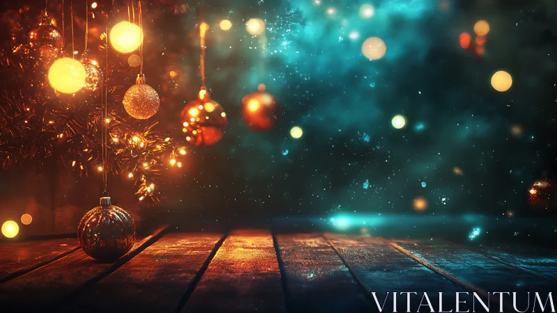 Glowing Christmas baubles over rustic wooden floor at night.