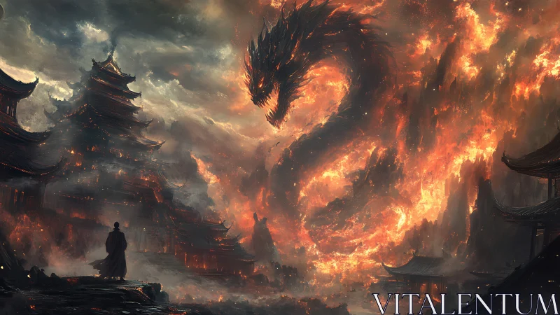 Monk confronting colossal fire dragon above burning temples.