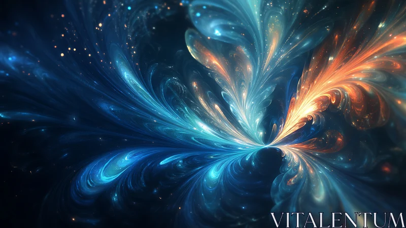 Symmetrical blue and orange fractal light flow composition.