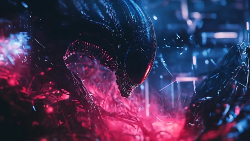 Mysterious alien creature in glowing neon sci fi haze.